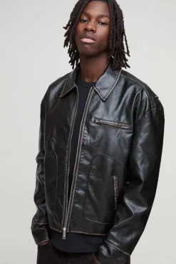 Slim Fit Washed PU Harrington Jacket In Black