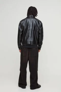 Slim Fit Washed PU Harrington Jacket In Black
