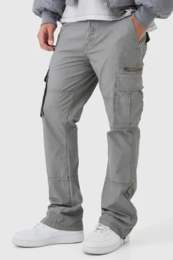 Slim Flare Zip Gusset Overdye Acid Wash Cargo Trousers
