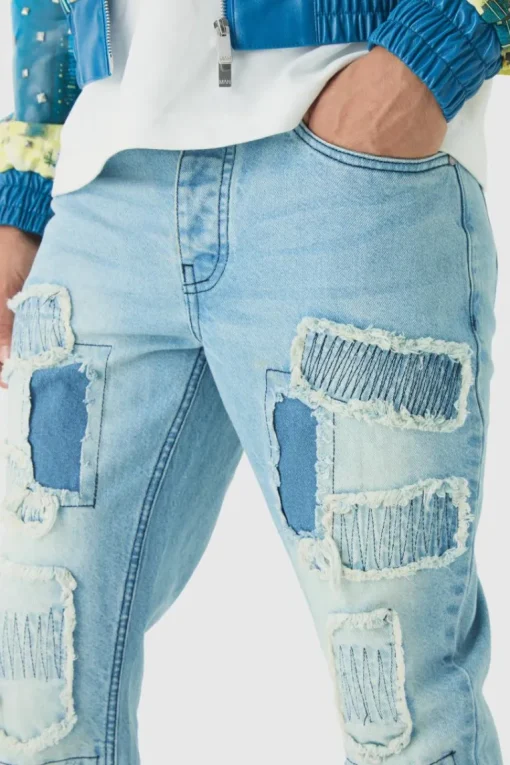 Slim Flared Stacked Rip & Repair Stitch Jeans