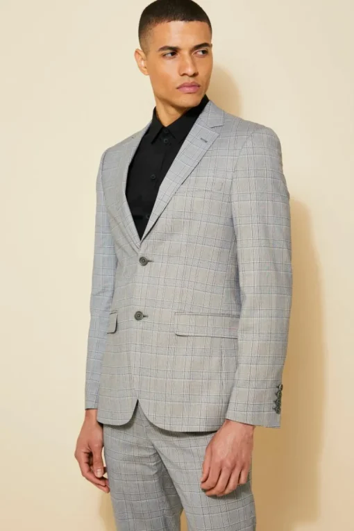 Slim Single Breasted Check Suit Jacket