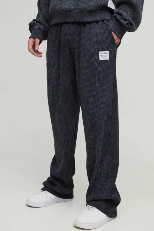 Straight Leg Acid Wash Heavy Waffle Jogger With Woven Tab