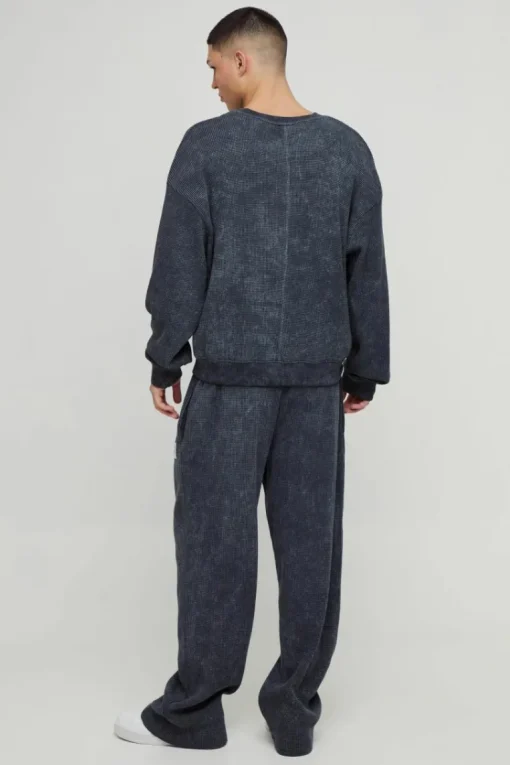 Straight Leg Acid Wash Heavy Waffle Jogger With Woven Tab