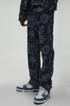 Straight Leg Floral Denim Jacquard Jeans
