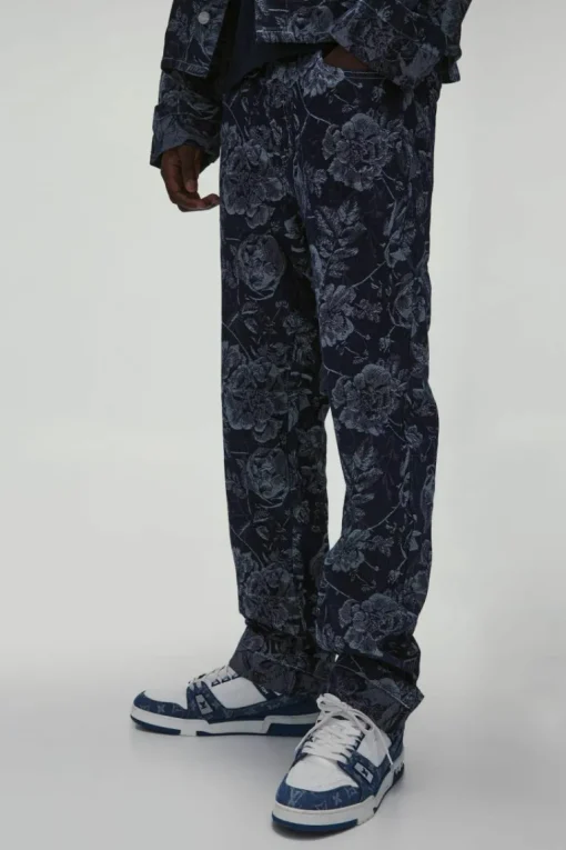Straight Leg Floral Denim Jacquard Jeans
