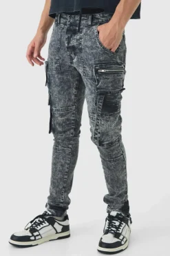 Super Skinny Stretch Black Acid Wash Cargo Jeans