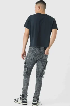 Super Skinny Stretch Black Acid Wash Cargo Jeans