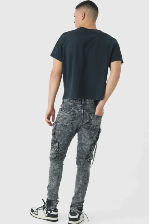 Super Skinny Stretch Black Acid Wash Cargo Jeans