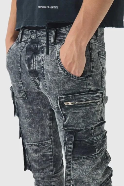 Super Skinny Stretch Black Acid Wash Cargo Jeans