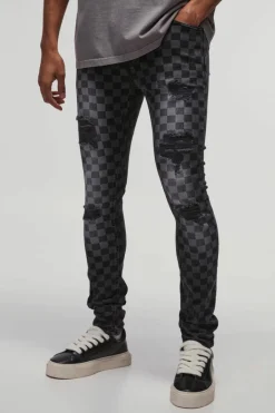 Super Skinny Stretch Checkerboard Ripped Denim Jeans