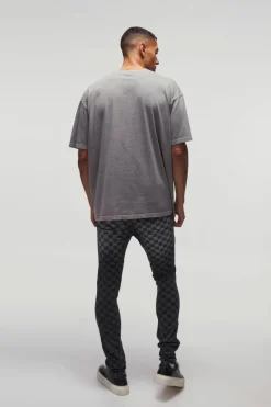 Super Skinny Stretch Checkerboard Ripped Denim Jeans
