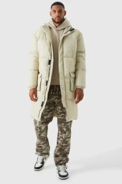 Tall 4 Pocket Longline Hooded Puffer Jacket in Ecru