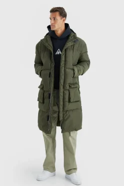 Tall 4 Pocket Longline Hooded Puffer Jacket in Khaki