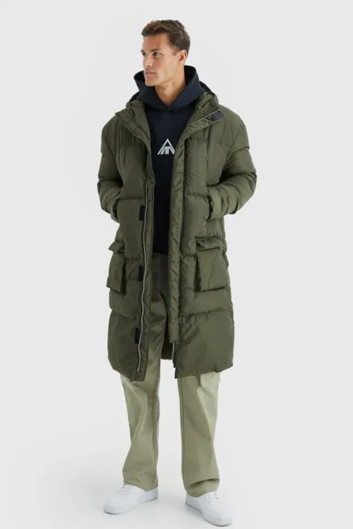 Tall 4 Pocket Longline Hooded Puffer Jacket in Khaki