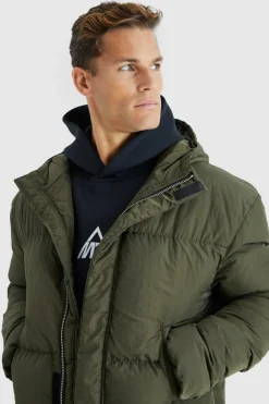 Tall 4 Pocket Longline Hooded Puffer Jacket in Khaki