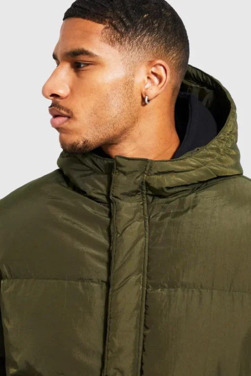 Tall 4 Pocket Longline Hooded Puffer Jacket in Khaki