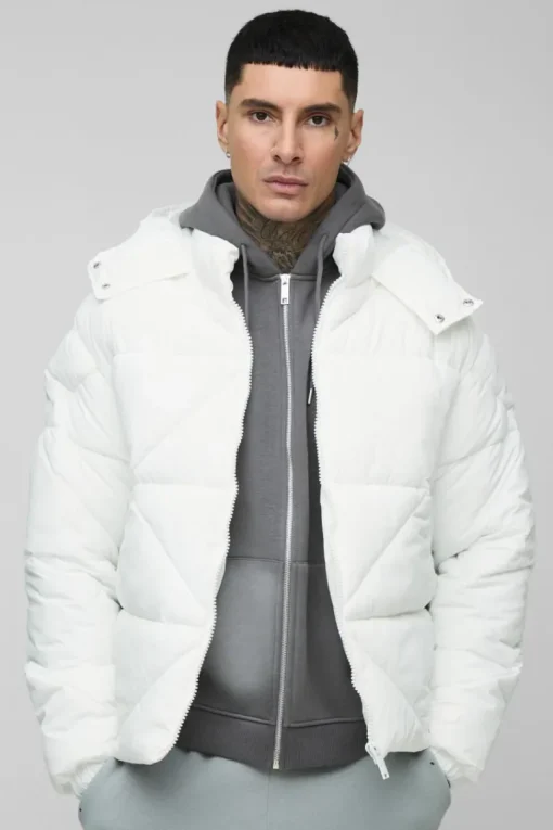 Tall Abstract Quilted Puffer Jacket In White