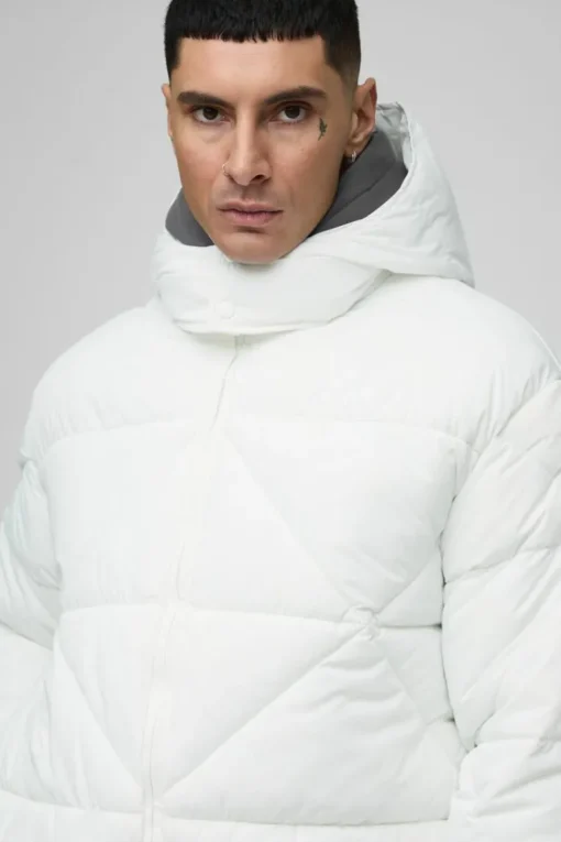 Tall Abstract Quilted Puffer Jacket In White
