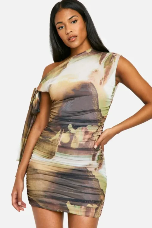 Tall Abstract Tie Shoulder Ruched Mini Dress