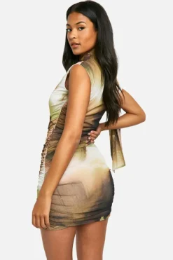 Tall Abstract Tie Shoulder Ruched Mini Dress