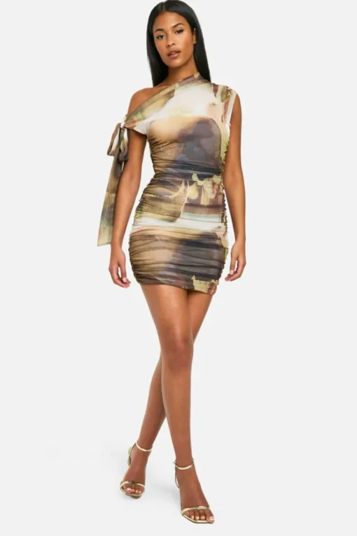 Tall Abstract Tie Shoulder Ruched Mini Dress