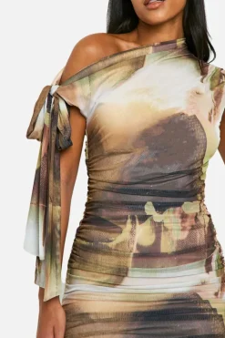 Tall Abstract Tie Shoulder Ruched Mini Dress