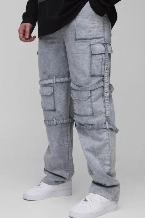 Tall Acid Wash Strappy Relaxed Fit Cargo Trousers