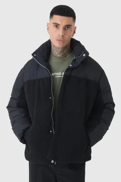 Tall Borg And Nylon Padded Coat In Black