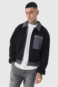Tall Boxy Borg And Nylon Collared Bomber Jacket In Black