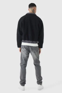 Tall Boxy Borg And Nylon Collared Bomber Jacket In Black