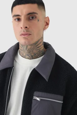 Tall Boxy Borg And Nylon Collared Bomber Jacket In Black