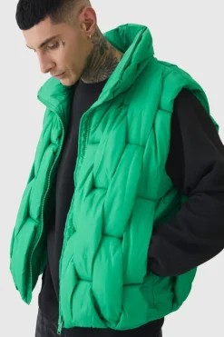 Tall Boxy Fit Hand Weft Padded Gilet In Green