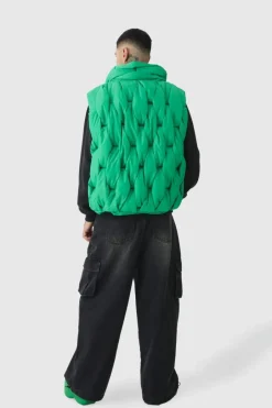 Tall Boxy Fit Hand Weft Padded Gilet In Green