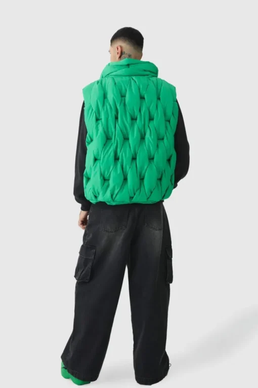 Tall Boxy Fit Hand Weft Padded Gilet In Green