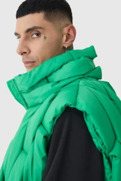 Tall Boxy Fit Hand Weft Padded Gilet In Green