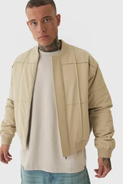 Tall Boxy Panel Padded Nylon Bomber Jacket In Stone