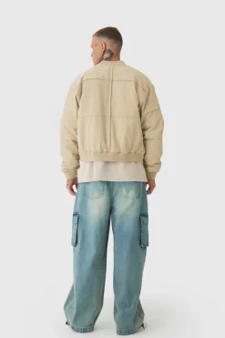 Tall Boxy Panel Padded Nylon Bomber Jacket In Stone