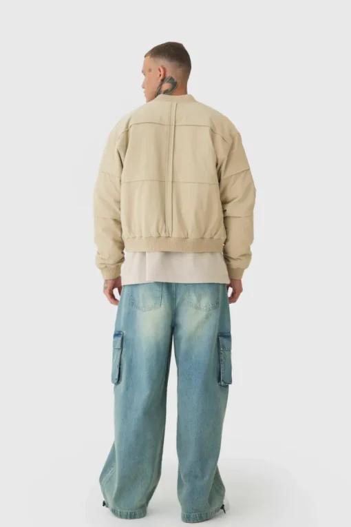 Tall Boxy Panel Padded Nylon Bomber Jacket In Stone