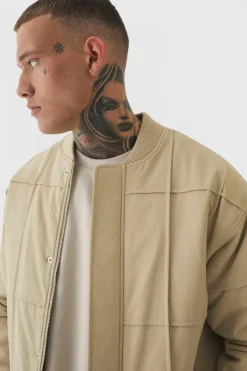 Tall Boxy Panel Padded Nylon Bomber Jacket In Stone