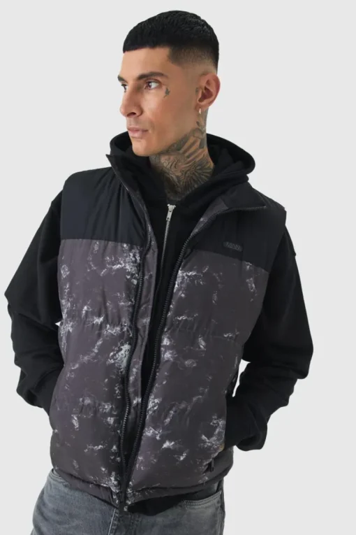 Tall Colour Block Printed Funnel Neck Gilet In Charcoal