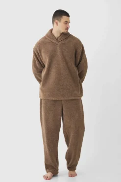 Tall Fluffy V Neck Sweatshirt & Jogger Lounge Set In Brown