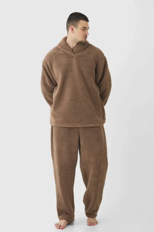 Tall Fluffy V Neck Sweatshirt & Jogger Lounge Set In Brown