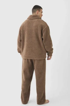Tall Fluffy V Neck Sweatshirt & Jogger Lounge Set In Brown