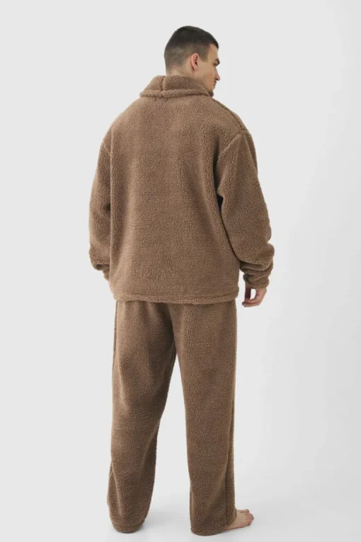 Tall Fluffy V Neck Sweatshirt & Jogger Lounge Set In Brown
