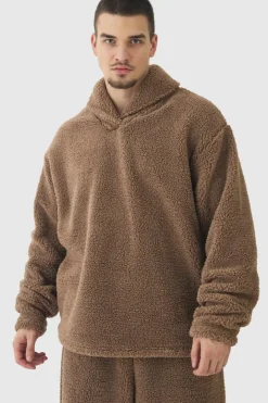 Tall Fluffy V Neck Sweatshirt & Jogger Lounge Set In Brown