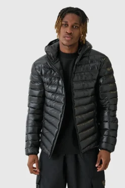 Tall High Shine Hooded Puffer Jacket In Black