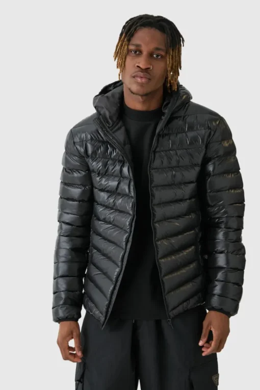 Tall High Shine Hooded Puffer Jacket In Black