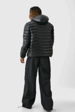 Tall High Shine Hooded Puffer Jacket In Black