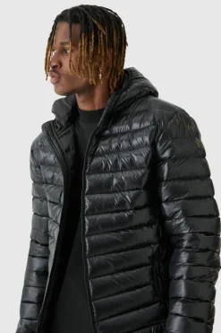 Tall High Shine Hooded Puffer Jacket In Black