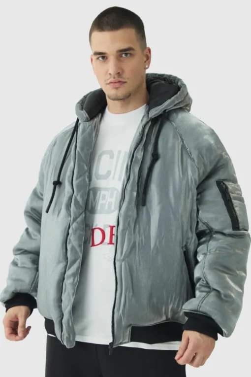 Tall Liquid Metallic Hooded Padded Bomber Jacket